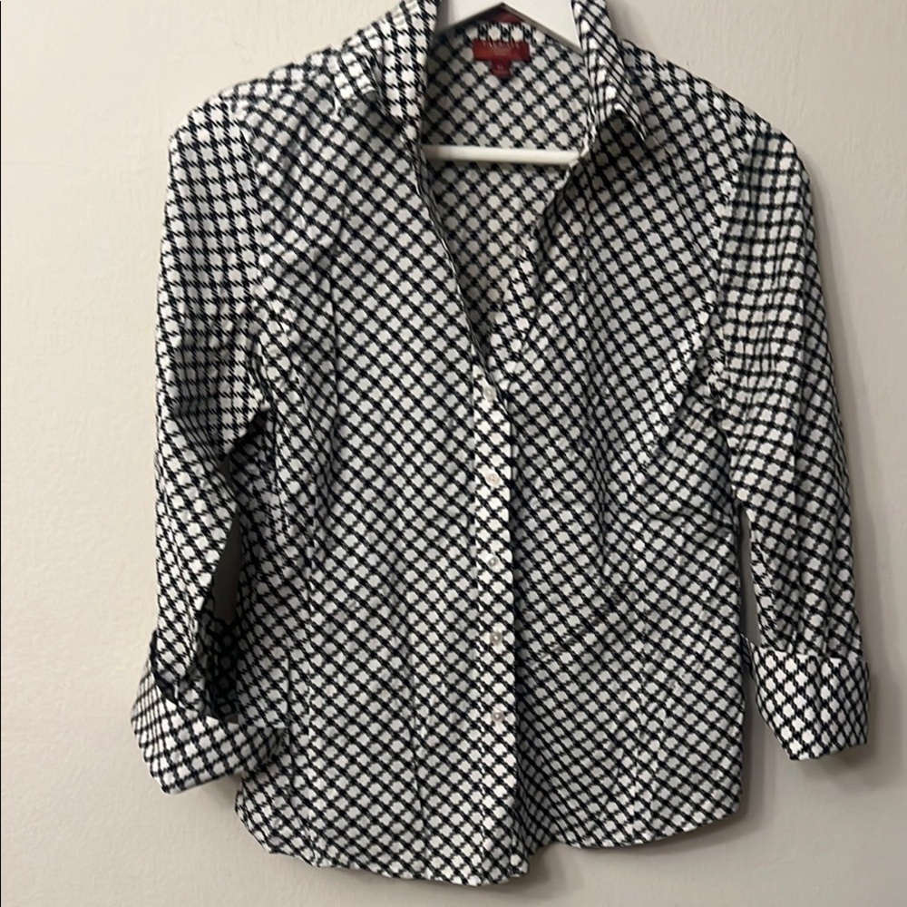 Talbots Black and White Notched Collar 3/4 Sleeve Blouse 327